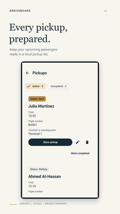 ArriveBoard - Every pickup, prepared.