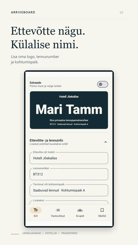 ArriveBoard - Ettevõtte nägu. Külalise nimi.