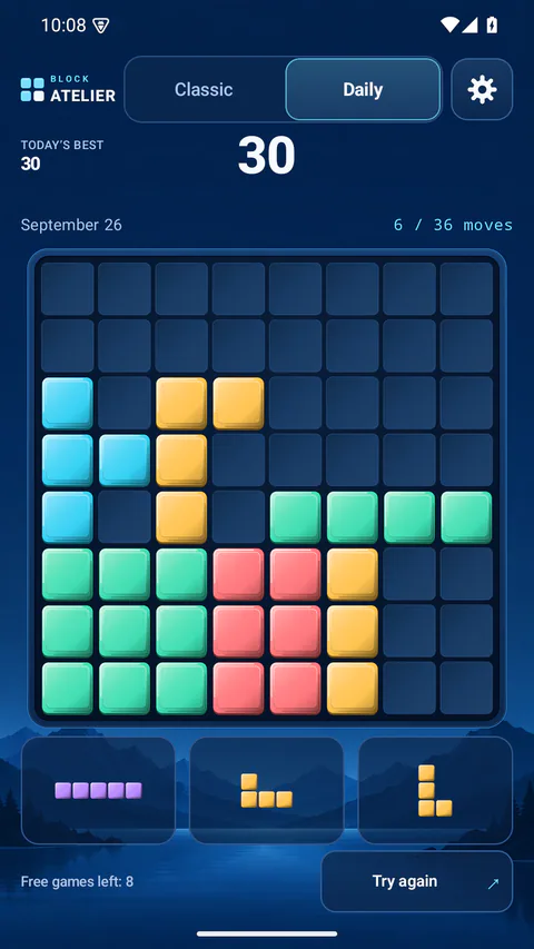 Block Atelier - Daily — six of the 36 moves played.