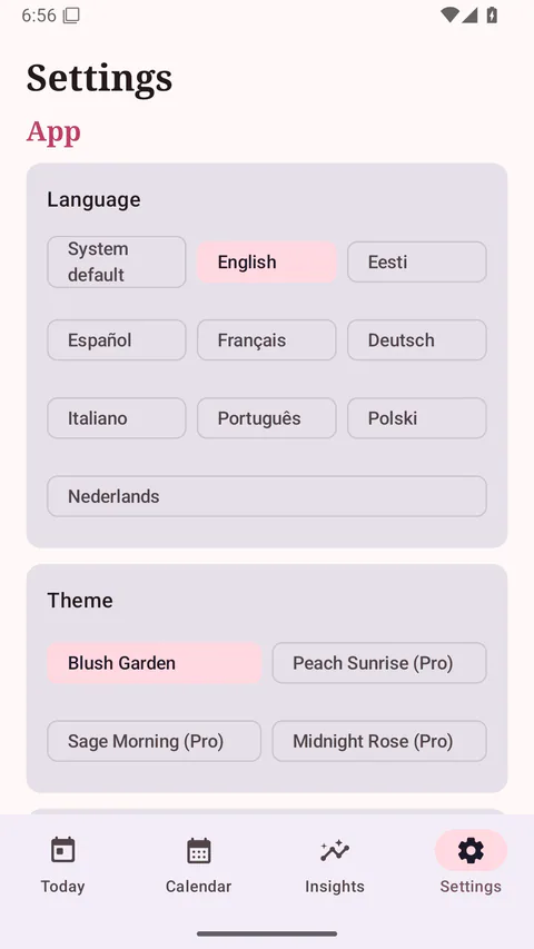 BlushDay - Language, theme and privacy settings