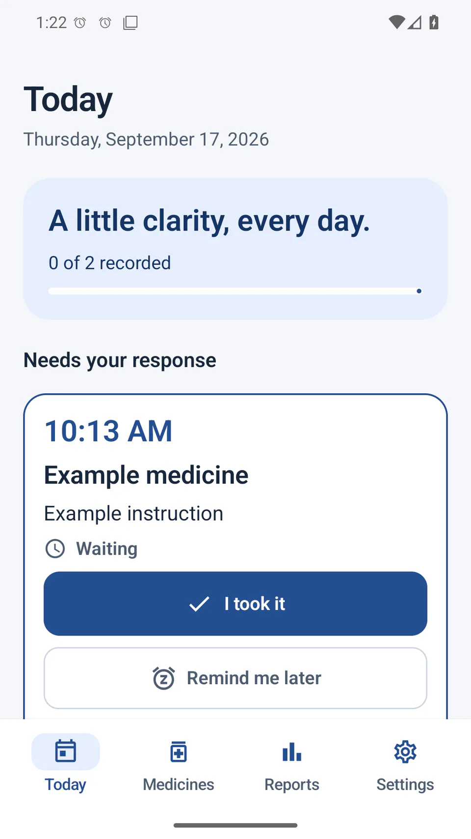 Medication Reminder - Today’s reminders and recorded responses, using fictional sample data.