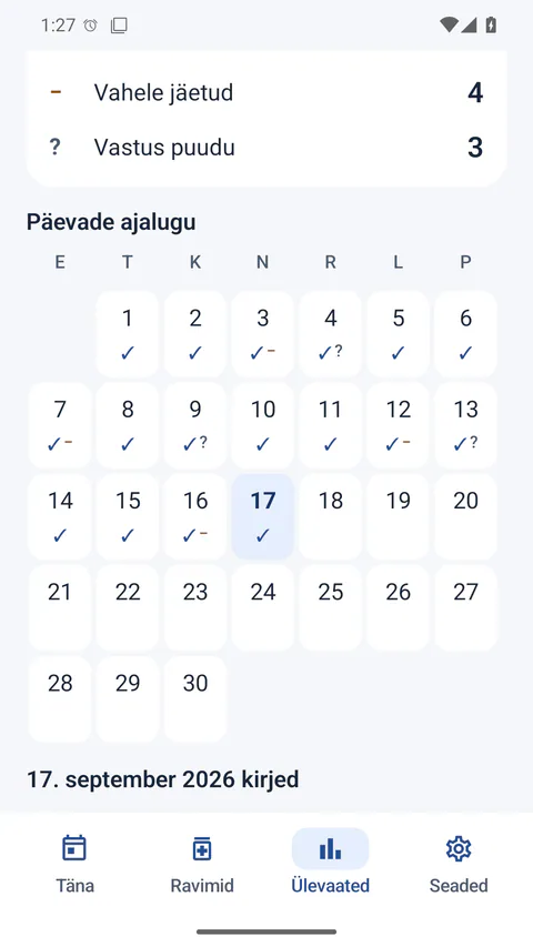 Medication Reminder - Päevakalender näitab kuu jooksul salvestatud vastuseid.