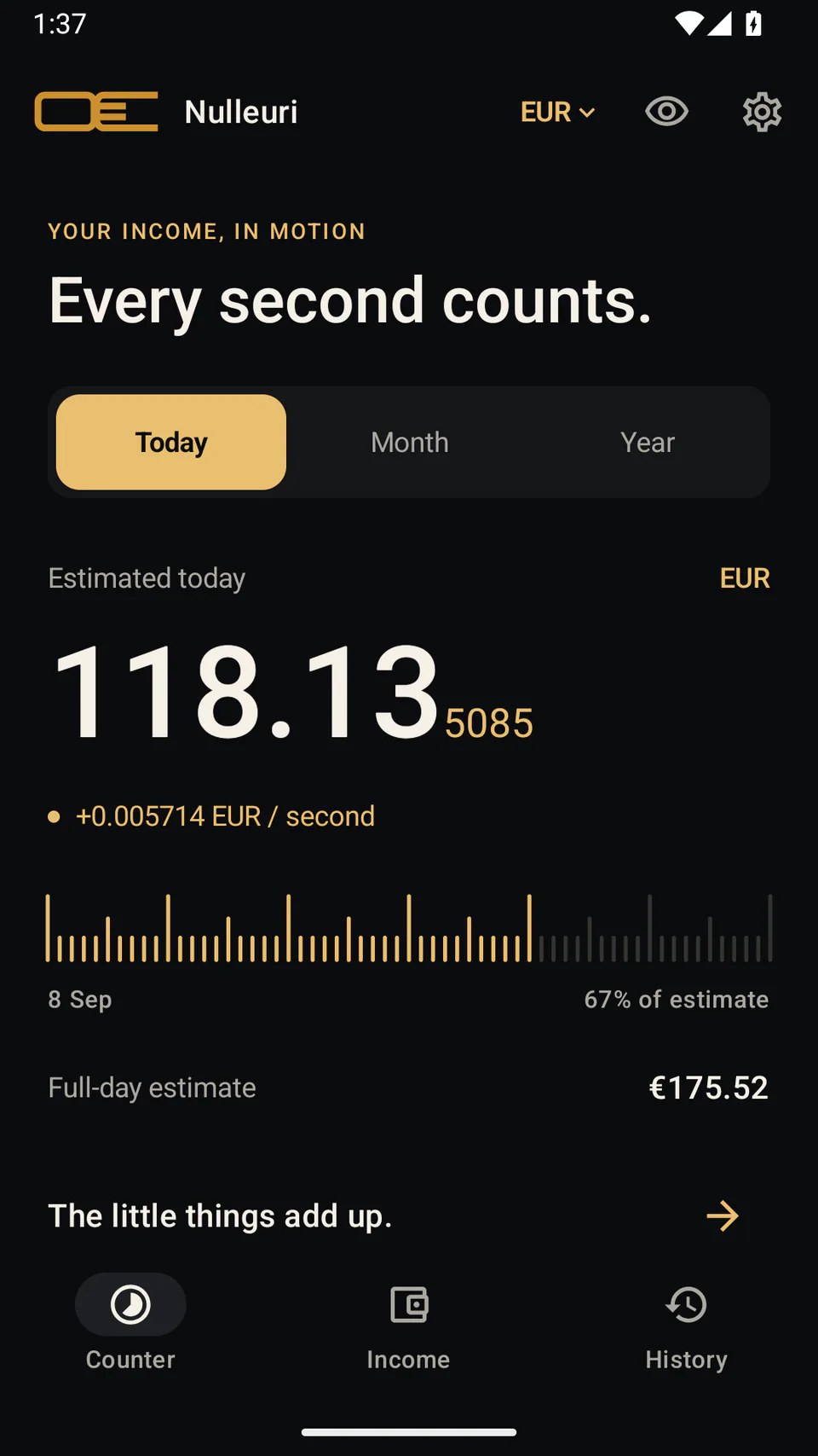 Nulleuri - Today’s estimated income, calculated from sample entries.