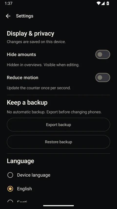 Nulleuri - Earlier preview of privacy, language and manual backup settings.