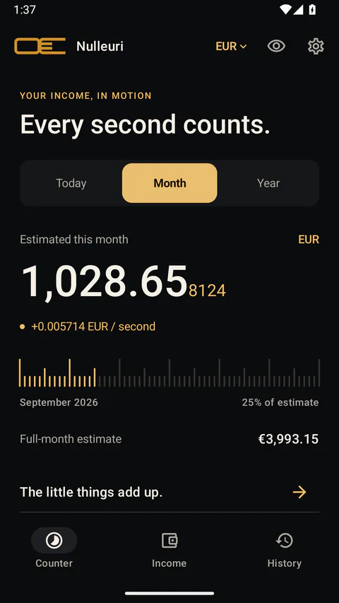 Nulleuri - A monthly view of estimated income in the selected currency.