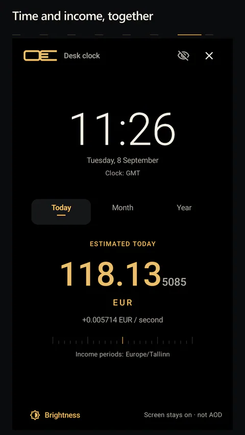 Nulleuri - The manually opened desk clock shows the time and a selected income estimate.