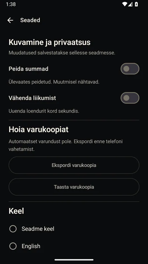 Nulleuri - Privaatsuse, keele ja käsitsi varundamise seadete varasem eelvaade.