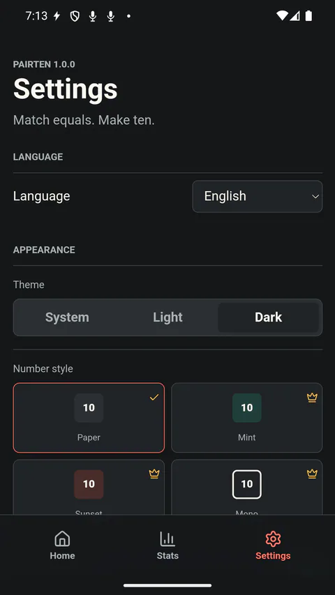 PairTen - Theme, contrast, language and Calm Pack choices