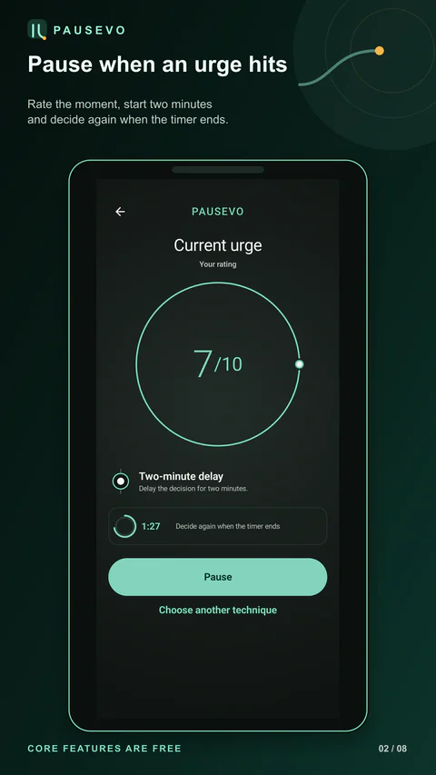 PAUSEVO: A two-minute pause with an urge rating and timer.