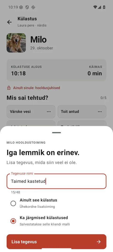 PetVisit: Pet Care Reports - Add a custom task for this visit or save it for this client’s future visits. Estonian preview with sample data.