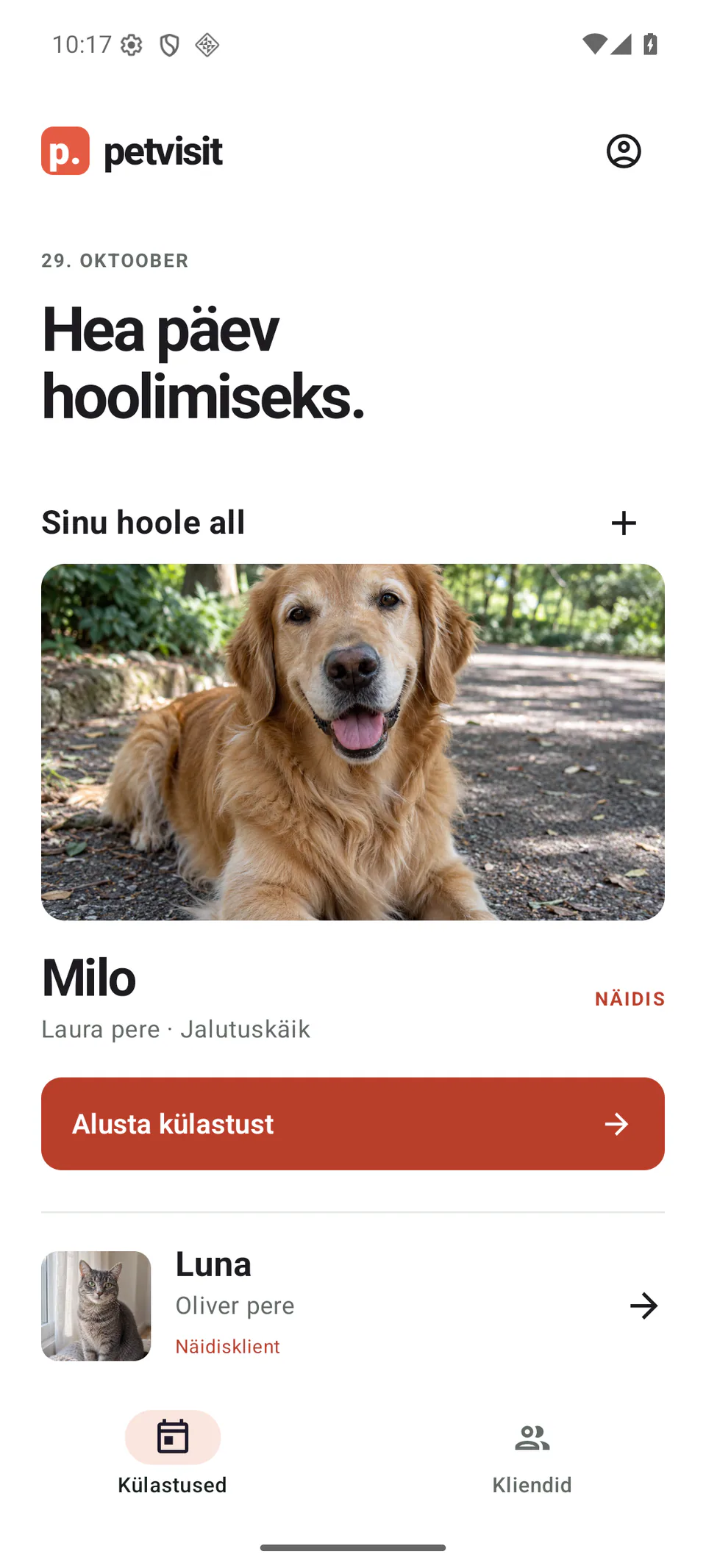 PetVisit: Pet Care Reports - Choose a client and start a visit. Estonian development preview with fictional clients and generated sample pet photos.
